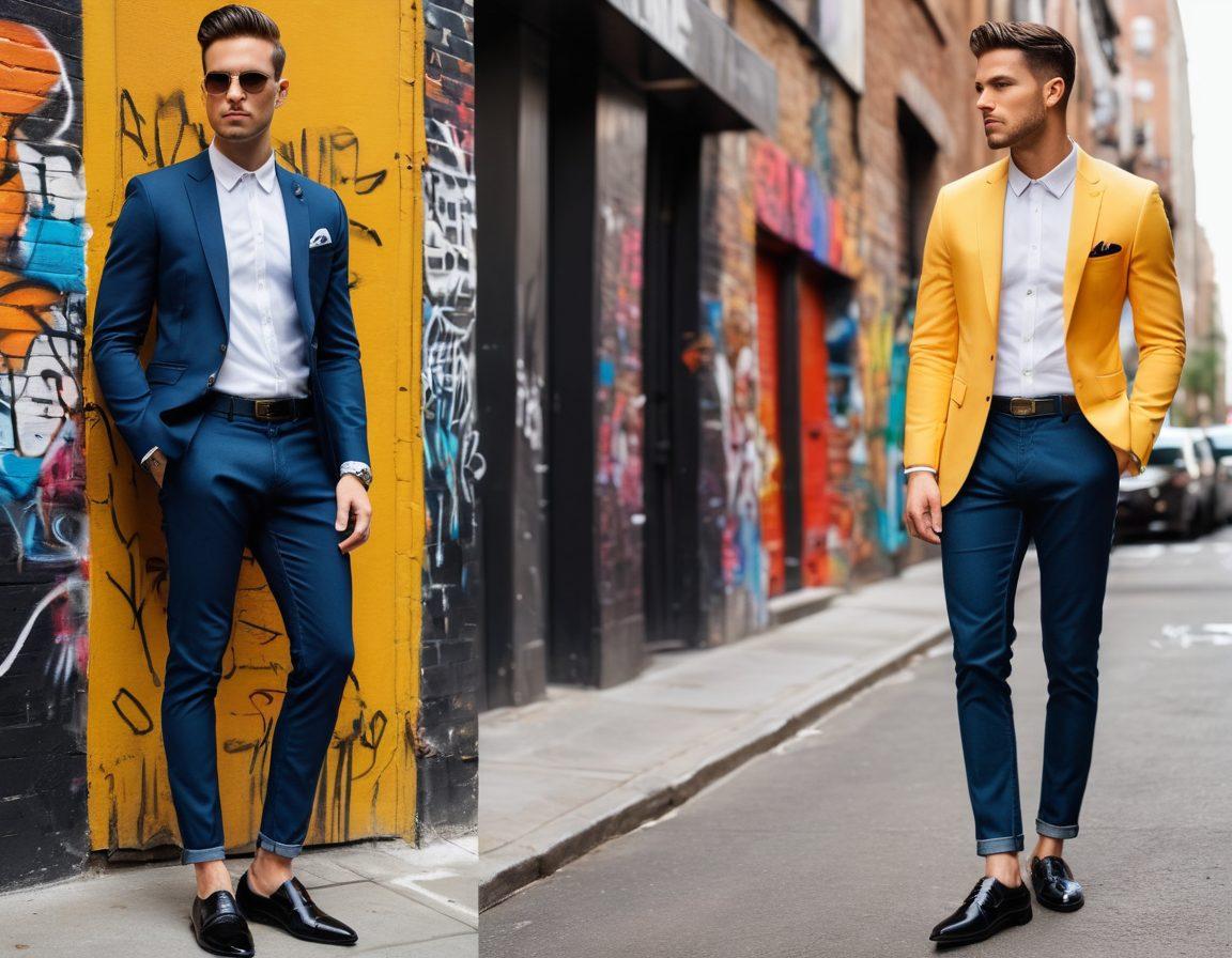 A split image featuring a casual man's outfit on one side, with relaxed jeans and a stylish t-shirt, and on the other side, a classy tailored suit with elegant accessories. Include a background that transitions from a laid-back urban setting to a sophisticated gala atmosphere. Incorporate elements of fashion accessories like watches and shoes for both styles. Bright and engaging colors to highlight the contrast. super-realistic. vibrant colors. modern design.