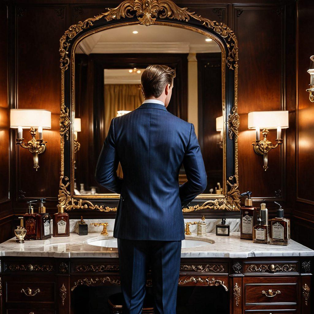 A refined gentleman in a tailored suit, meticulously grooming himself in front of an ornate mirror. Surrounding him are high-end grooming tools like a classic razor, comb, and luxurious cologne bottles. The background features soft lighting highlighting rich wooden textures, creating an elegant ambiance. Emphasize sophistication and attention to detail. super-realistic. vibrant colors. elegant decor.