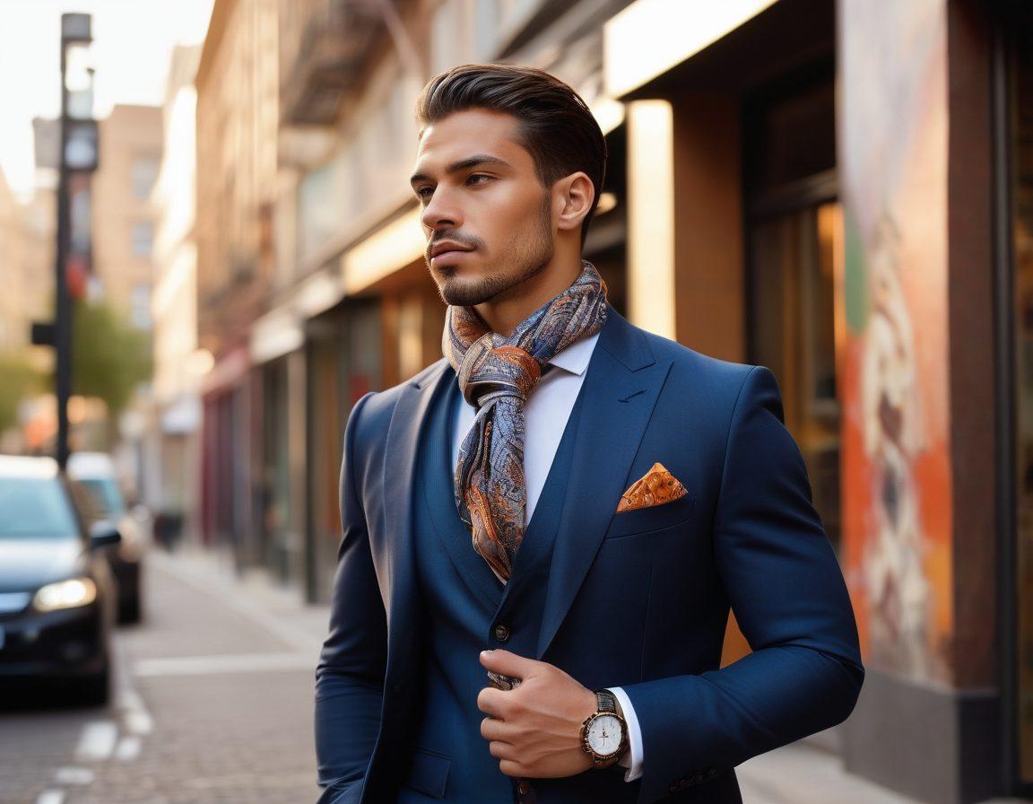 A modern man standing confidently in a stylish urban setting, showcasing a well-fitted tailored suit and trendy accessories like a watch and scarf. The background features a chic city street with elegant boutiques and street art, emphasizing a sense of fashion-forward lifestyle. Soft morning light filters through, adding a warm glow to the scene. super-realistic. vibrant colors. urban setting.